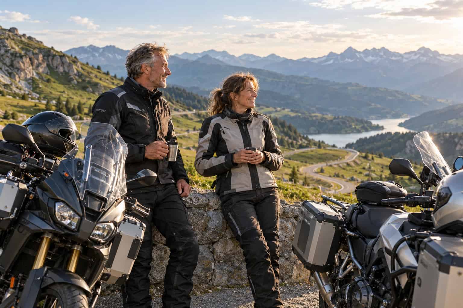 Zwei Motorradreisende genießen eine Pause mit Blick auf eine kurvige Alpenstraße